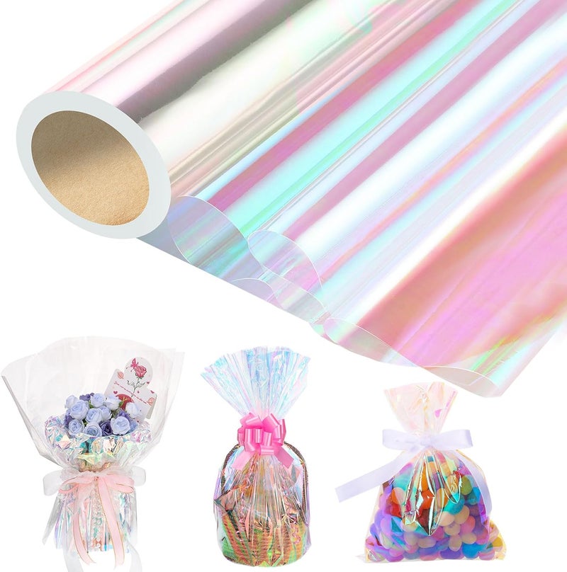 woric 82 Ft X 17 In Cellophane Wrap for Gift Baskets Valentine's Day Iridescent Cellophane Wrap Roll Gift Basket Wrapping Plastic for Gifts Basket Treats Party Favor Birthday Wedding Crafts - Image 1